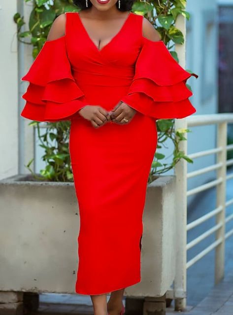 V Neck Long Dress, Party Dresses With Sleeves, Deep V Neck Dress, Vogue Dress, Long Red Dress, Dress Sleeve Styles, Dresses By Length, Long Sleeve Maxi, Party Dress Long