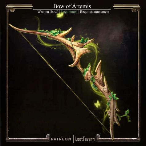 Artemis Bow, Loot Tavern, Archer Characters, Artifact Art, Final Fantasy Xii, Bow Art, D D Items, Dnd 5e Homebrew, Fantasy Props