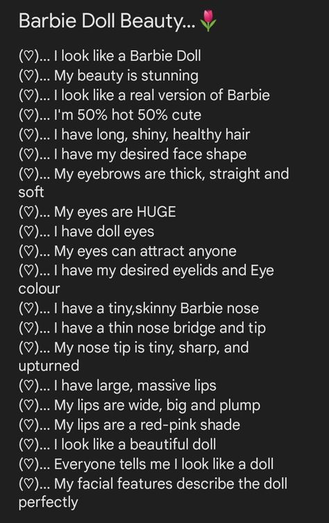 Doll Beauty Affirmations, Beauty Subliminal Affirmations, Desired Face And Body Affirmation, Angelic Beauty Affirmations, Doll Affirmations, Siren Beauty Affirmations, Doll Beauty Aesthetic, Barbie Affirmations, Physical Beauty Affirmations