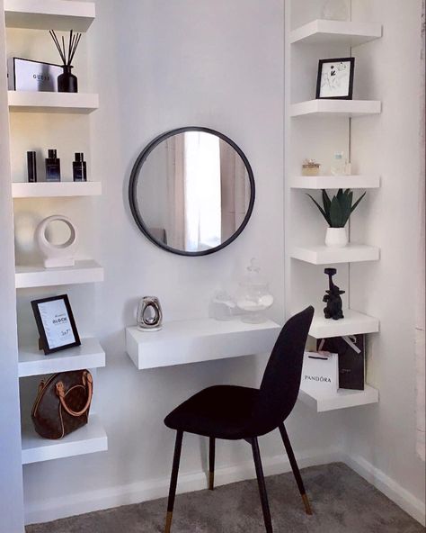 Dressing Table Shelves, Floating Shelves Bedroom, White Room Decor, Classy Bedroom, Beauty Room Decor, Decorating Styles, Bedroom Decor Ideas, Teen Bedroom Decor, Home Decor Living Room