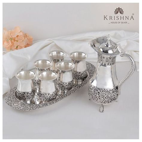 Silver Dinner Set, Dinner Set Design, Silver Home Accessories, Silver Jug, Silver Kitchen, Dinner Ware, Pooja Items, Antique Necklaces Design, Silver Pooja Items