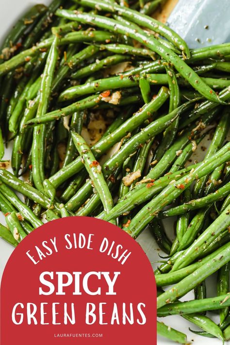 These Spicy Green Beans are the perfect side dish for any meal. Fast and simple! Spicy Green Beans Recipe, Green Bean Recipes Skillet, Spicy Green Bean Recipes, Skillet Green Beans, Spicy Green Beans, Sauteed Green Beans, Easy Side Dish, Green Bean Recipes, Prep Recipes