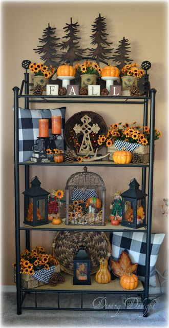 Fall Farmhouse shelf 🍁 Fall Bakers Rack Decor, Fall Mantels, Fall Shelf Decor, Fall Notebook, Hutch Decor, Bakers Rack, Fall Arrangements, Fall Thanksgiving Decor, Fall Deco