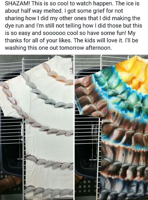 Cool way to Ice Dye: looks like the dye is frozen into ice cubes (the semi-circular style), then placed on the item to be dyed. Diy Fabric Dye, Tie Dye Clothes, Dye Clothes, Ty Dye, Diy Tie Dye Techniques, Diy Tie Dye Designs, Tie Dye Patterns Diy, Diy Tie Dye Shirts, Ice Tie Dye