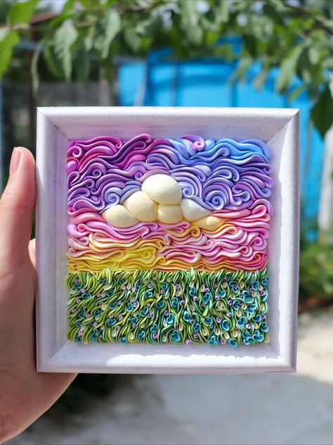 Framed Polymer Clay Art, Floral Clay Art, Clay Quilling, Clay Painting, Polymer Clay Painting, Floral Field, Clay Wall Art, Clay Paint, Fluffy Clouds