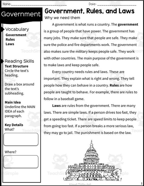 This resource is a 2nd Grade Reading Packet: Government, Rules, and Laws.This is a great no prep resource that all you have to do is print and go!Students will love learning government as they read an informative passage and apply vocabulary terms.Worksheets included such as multiple-choice questions and graphic organizers will allow them to show what they know.These work well for social studies or reading instruction.Answer keys included. 3rd Grade Civics And Government, Second Grade Government Activities, 2nd Grade History Curriculum, 2nd Grade Social Studies, Small Reading Groups, 2nd Grade Reading Comprehension, Usa History, Rules And Laws, History Worksheets