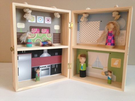 Wood Doll House and Peg People with Silhouette Clothes & Decor (Free Cut Files) ~ Silhouette School Peg Doll House, Clothes Silhouette, Silhouette Clothes, Wood Doll House, Wood Dollhouse, Vinyl Projects Silhouette, Silhouette School Blog, Girls Dollhouse, Wood Doll