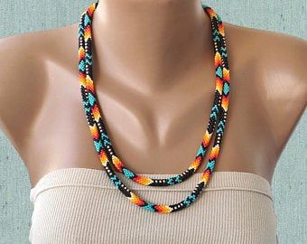 Bead Necklace Designs, Crochet Beaded Necklace, Striped Earrings, Beaded Necklace Designs, American Indian Jewelry, Indian Necklace, Beaded Lanyards, Beaded Rope, Seed Bead Necklace