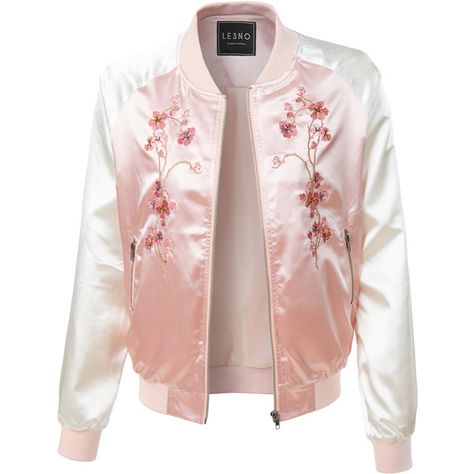 LE3NO Womens Lightweight Satin Floral Embroidery Zip Up Bomber Jacket ($25) ❤ liked on Polyvore featuring outerwear, jackets, bomber jacket, pink jacket, flight bomber jacket, flight jacket and blouson jacket Poncho Outfit, Zip Up Jackets, Ideas Embroidery, Satin Jacket, Satin Jackets, Flight Jacket, Pink Jacket, Bomber Jackets, Embroidered Jacket