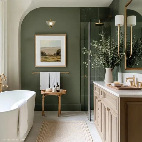 Green Wall Bathroom Decor, Bathroom Painted Green, Green Vanity Powder Room Ideas, Olive Green And Gold Bathroom, Olive Green And White Bathroom, Small Dark Green Bathroom Ideas, Muted Green Bathroom, Green Full Bathroom, Small Master Bath Green