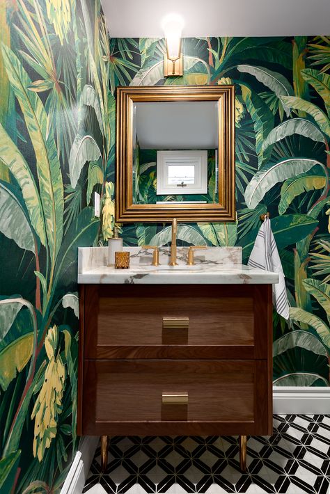 Vancouver Townhouse, Maximalist Bathroom, White Mosaic Tiles, Modern Townhouse, Townhouse Designs, Art Deco Mirror, Unique Bathroom, North Vancouver, Green Bathroom