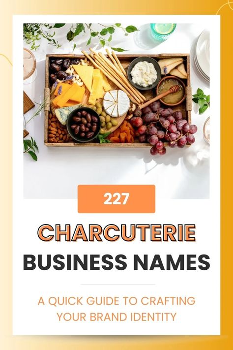 Are you searching for the perfect name for your charcuterie business? Look no further! Our handpicked selection of 227 unique and memorable charcuterie business names will inspire you and help you choose the ideal name that truly sets you apart and stands out from the crowd. Don't miss the opportunity to discover your dream name in! Charcuterie Board Business Name Ideas, Cute Charcuterie Business Names, Charcuterie Company Names, Charcuterie Board Names Ideas, Charcuterie Board Packaging Ideas, Charcuterie Marketing, Charcuterie Menu Ideas, Charcuterie Food Truck Ideas, Charcuterie Name Ideas