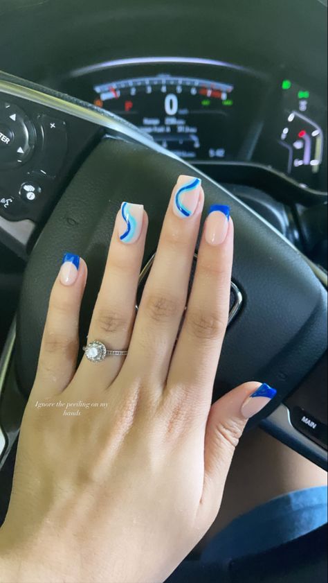 Nails For Flight Attendants, Sport Acrylic Nails, Simple Short Nail Designs Summer Blue, Short Acyrilics Nails Designs Square, Nails For Alaska Vacation, Short Acrylic Nails For Sports, School Dance Nail Ideas, Short Acrylic Nails Blue Design, Short Acrylic Nails For Volleyball