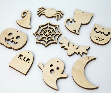 10pc Halloween Pumpkin Ghost Bat Unfinished Wood Cutout Wreath Sign Crafts Paint Halloween Decorations Wood, Scary Halloween Crafts, Moon Spider, Laser Cut Files Free, Wood Halloween Decorations, Spider Web Pumpkin, Wooden Halloween Decorations, Halloween Candy Crafts, Fun Diy Halloween Decorations