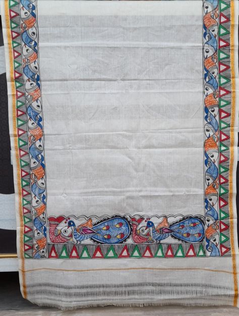 Hand-painted Madhubani painting on silk dupatta. Painting On Dupatta, Painting Dupatta, Madhubani Dupatta, Mithila Painting, Painting On Silk, Madhubani Paintings, Painting Flowers Tutorial, Painted Clothing, Kerala Mural Painting