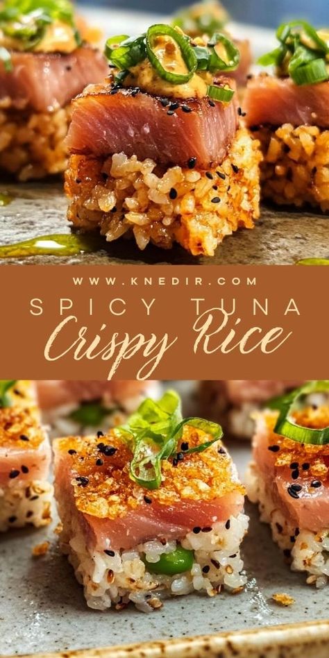 Spicy Tuna Crispy Rice is the perfect appetizer or snack, combining crispy rice with spicy tuna and a zesty sauce! 🍣🍚 With bold flavors and a satisfying crunch, this dish is ideal for sushi lovers looking for something fun and flavorful. Easy to make and sure to impress. 📌 Save this pin to make bold and crunchy spicy tuna crispy rice for your next appetizer or snack! #SpicyTuna #CrispyRice #SushiAppetizers #EasyRecipes #FlavorfulSnacks #BoldFlavors Crispy Rice Squares Sushi, Crispy Rice With Tuna, Crispy Rice Spicy Tuna Air Fryer, Spicy Tuna Appetizer, Crispy Rice With Spicy Tuna, Tuna Crispy Rice Recipe, Spicy Tuna Crispy Rice Recipe, Ahi Tuna Nachos Recipe, Tuna Nachos Recipe