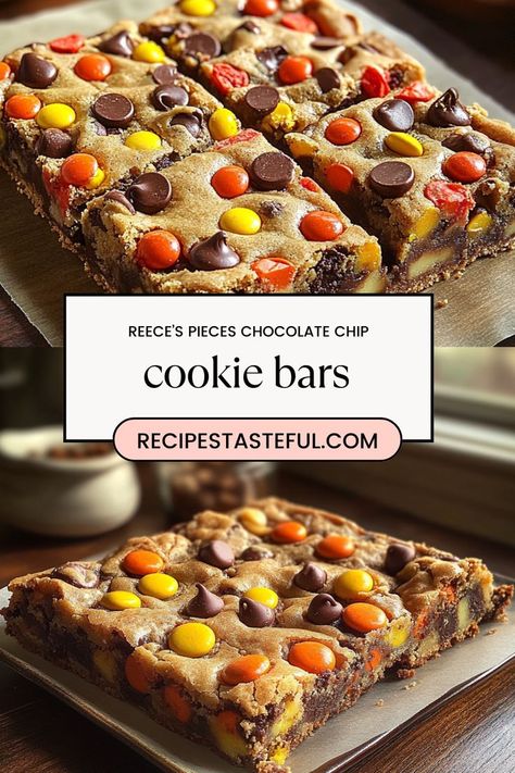 Indulge in these irresistible Reese’s Pieces Chocolate Chip Cookie Bars, combining soft, chewy cookie dough with crunchy, peanut-buttery candies. Quick to make and perfect for gatherings or a sweet treat at home, these bars are always a hit with both kids and adults alike. Bake up a batch and enjoy a delightful blend of flavors and textures that everyone will love! Reese's Pieces Cookies, Reeses Cookies, Chocolate Cookie Bars, Chocolate Chip Cookie Bars, Chex Mix, Cookie Bar Recipes, Candy Cookies, Chewy Cookie, Chocolate Chip Cookie