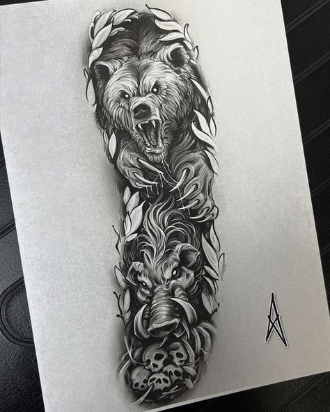 Boog Tattoo, Half Sleeve Tattoos Sketches, Full Hand Tattoo, Bear Tattoo Designs, Buddha Tattoo Design, Chicano Style Tattoo, Men Tattoos Arm Sleeve, Bear Tattoos, Cool Forearm Tattoos