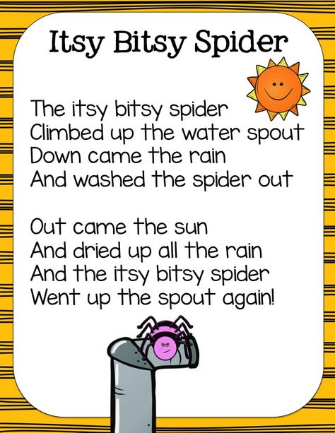 Itsy Bitsy Spider Activities: Pocket Chart Cards, Color Sequence Pictures, and a Student Cut & Paste Poetry Page! Itsy Bitsy Spider Activities, Nursery Rhymes Preschool Crafts, The Itsy Bitsy Spider, Preschool Poems, Nursery Rhymes Poems, Nursery Rhymes Lyrics, Nursery Rhymes Preschool, Nursery Rhymes Activities, Kindergarten Songs