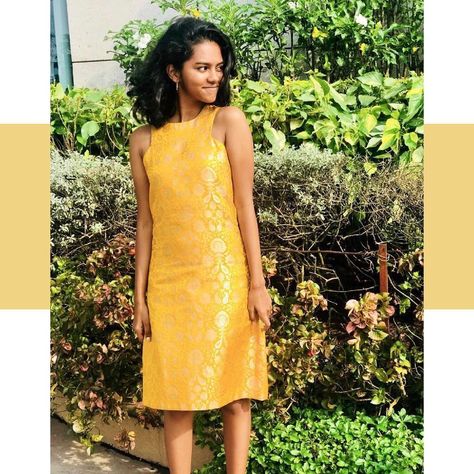 Prarthana Indrajith in yellow brocade cocktail dress Brocade Short Kurti, Short Kurti With Skirt, Prarthana Indrajith, Kurti With Skirt, Parents Quotes, Kids Lehenga, Short Kurti, Brocade Dresses, Trendy Dress Outfits