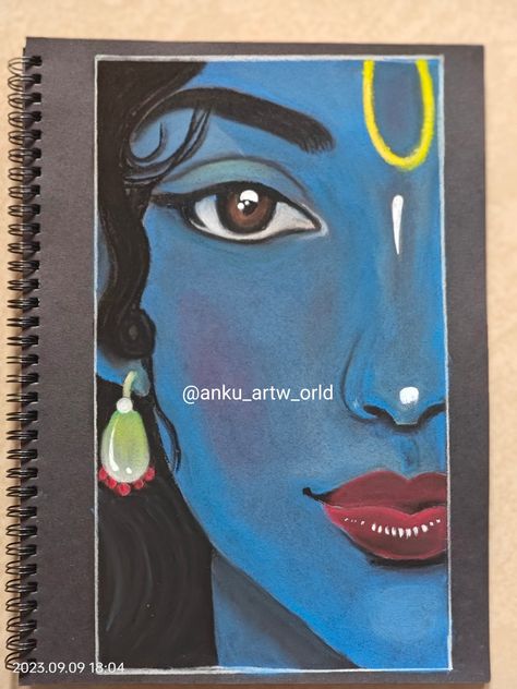 Krishna Ji Easy Painting, The End Design For Project, Krishna Half Face Painting, Radha Krishna Aesthetic Sketch, Krishna Ji Oil Pastel Drawing, Easy Painting Of Krishna, Krishn Drawings Easy, Radha Krishna Half Face Drawing, Krishna Simple Painting