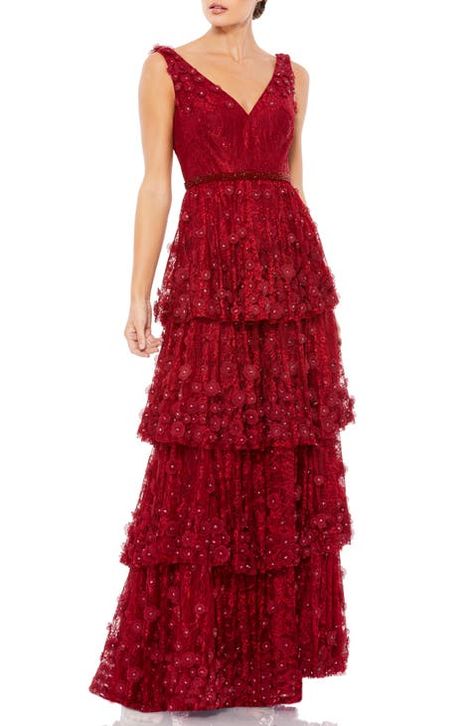 Women's Red Dresses | Nordstrom Tiered Gown, Formal Lace Dress, Layered Ruffle Skirt, Mac Duggal Dress, Column Skirt, Mac Duggal Dresses, Unique Prom Dresses, Column Gown, Mac Duggal