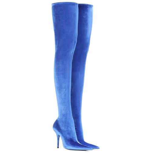 BALENCIAGA - Knife velvet over-the-knee boots - Balenciaga's Knife over-the-knee boots have a sharp silhouette and stretchy sock-like fit inspired by the universe of fetishism. Crafted in Italy from plush velvet, this bright blue pair have a keen knife-inspired pointed toe and an ice-pick heel. Work yours with mini dresses for a sultry ensemble. - @ www.mytheresa.com Blue Velvet Boots, Above Knee Boots, Balenciaga Blue, Balenciaga Boots, Velvet Boots, Blue Boots, Pointed Toe Boots, Blue Heels, Balenciaga Shoes