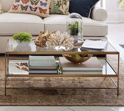 Modern and stylish coffee table, Leona Coffee Table, glass and iron and brass, coffee table style, light and bright living room #afflinksponsored Glass Coffee Table Styling, Glass Coffee Table Decor, Rectangular Glass Coffee Table, Coffee Table Pottery Barn, Cube Table, Table Decor Living Room, Coffee Table Styling, Glass Top Coffee Table, Table Cafe