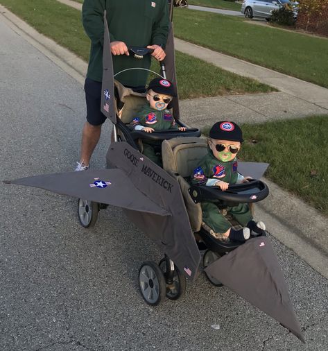 Double Stroller Halloween Costumes, Maverick And Goose Costume, Baby Stroller Costume, Johnson Twins, Halloween Wagon, Stroller Halloween Costumes, Wagon Halloween Costumes, Stroller Costume, Dude Outfits