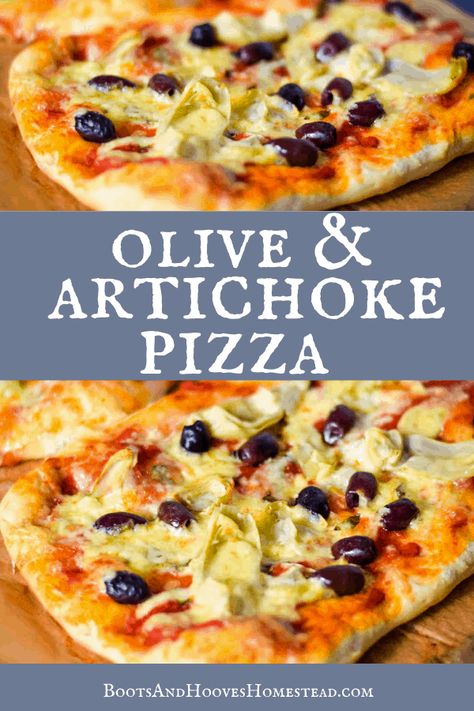 Olive & Artichoke Pizza - a perfect weeknight meal. It is loaded with Mediterranean inspired flavors and incredibly simple to make! #pizza #mediterranean #meatless At Home Pizza, Olive Pizza, Home Pizza, Artichoke Pizza, Delicious Pizza Recipes, Scratch Recipes, Farm Fresh Recipes, Food Pasta, Fall Comfort Food