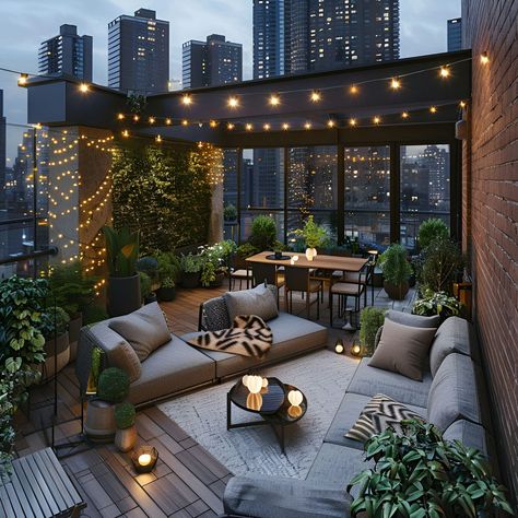 Townhouse Rooftop Terrace, New York Rooftop Garden, Brownstone Rooftop, Rooftop Lounge Design, Penthouse Terrace Ideas, Roof Top Terrace Designs, Open Terrace Ideas, Cozy Rooftop, Rooftop Decor