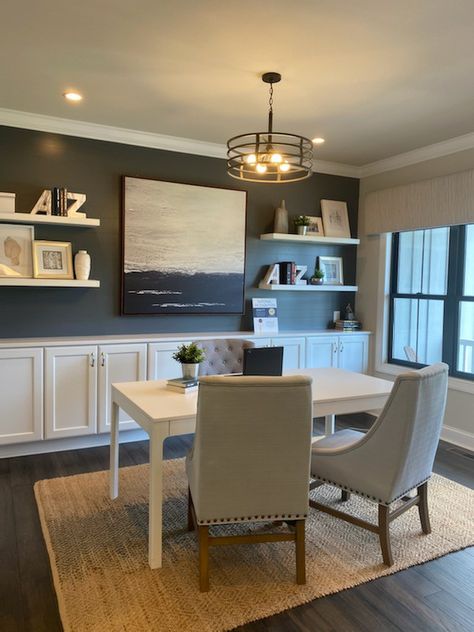 Dining Room Accent Wall With Cabinets, Dining Room With Open Shelving, Cabinet In Dining Room Built Ins, Cabinetry Dining Room, Office Buffet Cabinet, Office With Upper Cabinets, Narrow Dining Room Built Ins, Wall Of Cabinets In Dining Room, Dining Room Wall Cabinet Ideas