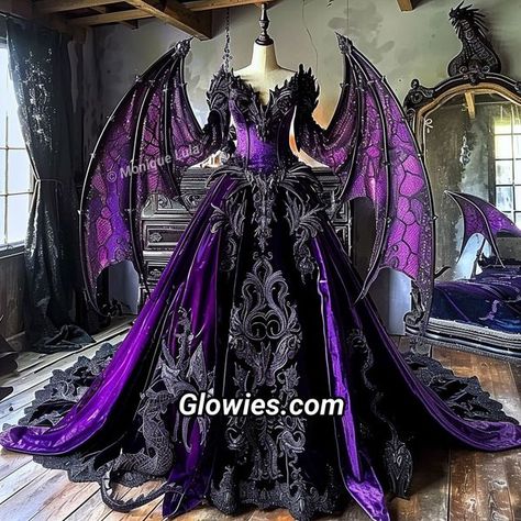 Black And Purple Goth Outfit, Adventure Dresses, Drag Queen Outfits Ideas, Black Purple Dress, Black And Purple Dress, Villain Dresses, Purple Ball Gown, Fantasy Ball, Wing Dress