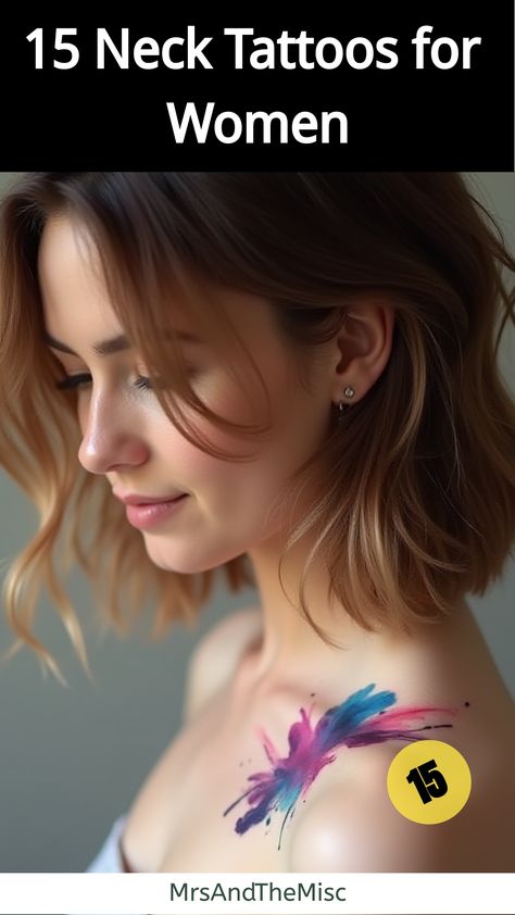 Neck Tattoos for Women,Woman with watercolor splash neck tattoo Watercolor Tattoo For Women Unique, Neck Tattoos For Women, Neck Tattoo Ideas, Splash Design, Neck Tattoos Women, Neck Tattoos, Wrist Tattoos For Women, Tiny Bird, Bird Silhouette