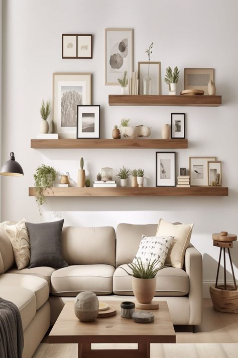 Family Pictures In Living Room Ideas, Wall Picture Shelf Ideas, Floating Shelves Large Wall, Wall Shelf For Pictures, Photo Gallery Wall With Shelves, Floating Shelf Styling Living Room, Gallery Wall Ideas With Shelves, Floating Shelves Aesthetic, Family Photo Wall Ideas Living Rooms