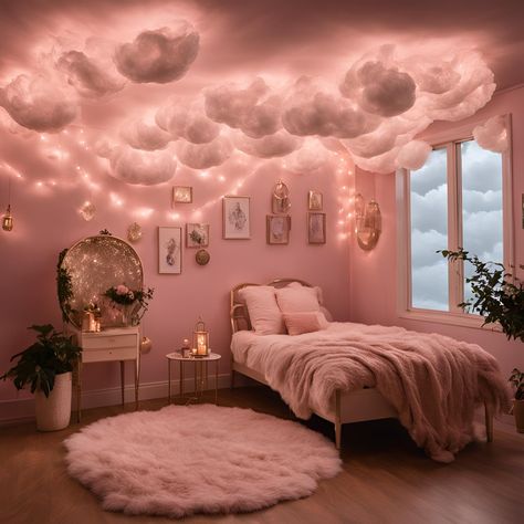 Cloudy Room Ideas, Heaven Themed Bedroom, Pink Cloud Ceiling Bedroom, Cloud Bedroom Decor, Cloud Aesthetic Room, Cloud Room Ideas, Cloud Theme Bedroom, Cloud Lights Bedroom, Ceiling Decor Bedroom