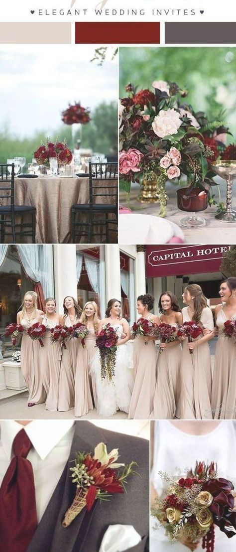 wine red and dark grey wedding color combo ideas for 2018 #WeddingIdeasTheme | Champagne wedding themes, Red wedding theme, Wedding theme colors Burgundy Champagne Wedding, Champagne And Red Wedding, Dark Grey Wedding, Champagne Wedding Themes, Burgundy And Grey Wedding, Wine Colored Wedding, Dark Red Wedding, Wine Theme Wedding, Grey Wedding Theme