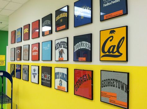 College t-shirts in album frames; teacher' alma mater College Themed Classroom, College Hallway, College Counseling Office, Mobile Classroom, College Advising, College Advisor, College Bulletin Boards, College Counselor, School Counselor Office