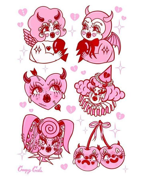 Cutest Tattoos, Creepy Gals, Cute Little Tattoos, Valentine Stickers, Tattoo Flash Art, Flash Art, Little Tattoos, Sticker Sheet, Black Nails