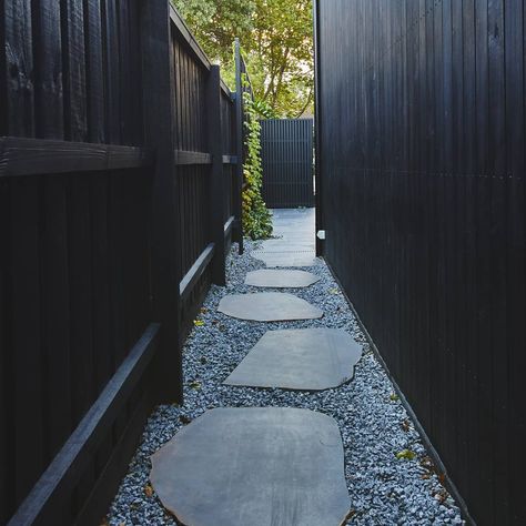 Peachy Green Garden Architects on Instagram: “Before/After. A simple sideway tidy up. #mainstreetnorthcote” Side Path Landscaping, Bluestone Stepping Stones, Side Yard Stepping Stones, Side House Pathway Ideas, Side Of Driveway Landscaping, Cheap Privacy Fence Ideas, Fence Ideas Garden, Cheap Fence Ideas, Side Path