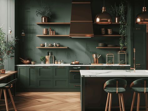 Luxe Forest Green and Copper Kitchen Concept Dark Green Kitchen Copper Handles, Forest Green And Gold Kitchen, Green Black And Gold Kitchen, Copper And Green Kitchen, Forest Green Cabinets, Green And Copper Kitchen, Forest Green Kitchen Cabinets, Emerald Green Kitchen, Forest Green Kitchen