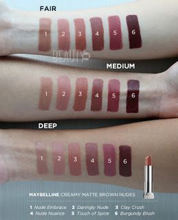 Product Review: Maybelline Creamy Matte Brown Nudes Lipstick Collection - Confessions of a Makeup Junkie Rainy Day Night, Maybelline Nude Nuance, Greige Lipstick, Maybelline Lipstick Swatches, Maybelline Creamy Matte Lipstick, Brown Nude Lipstick, Powder Matte Lipstick, Mac Lipstick Swatches, Maybelline Lipstick