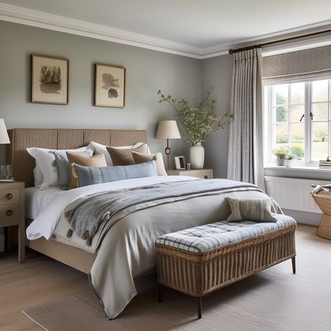 Surrey Family Home  Nestled in the heart of the Surrey countryside, beside a river is this charming home that is synonymous with nature.  Inspired by the blue and grey tones of the riverside location, we incorporated a muted palette that feels both timeless and elegant.  This guest bedroom with its muted palette and layered soft furnishings offers great comfort and nurture - perfect for deep relaxation.  #bedroom #countryhome #countrystyle #elegantinteriors #heritagehomes #rest #deepsleep Classical Home, Muted Palette, Charming Home, Deep Relaxation, Elegant Interiors, Country Home, Grey Tones, Guest Bedroom, Country Style