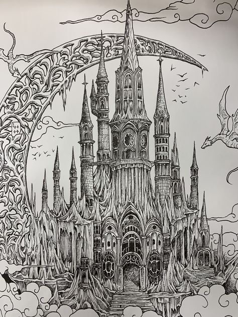 Neotribal Castle Tattoo, Dark Castle Drawing, Haunted Castle Drawing, Goth Castle Tattoo, Medieval Castle Tattoo, Castle Back Tattoo, Cybersigilism Castle, Haunted Castle Tattoo, Dark Castle Tattoo