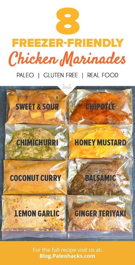 Infuse your next chicken dinner with all the sweet and savory flavors you crave. Get the recipes here: http://paleo.co/chuckmarinades Chicken Marinade Recipes, Chicken Marinade, Marinade Recipes, Homemade Spices, Freezer Cooking, Chicken Marinades, Make Ahead Meals, Freezer Friendly, Frozen Meals