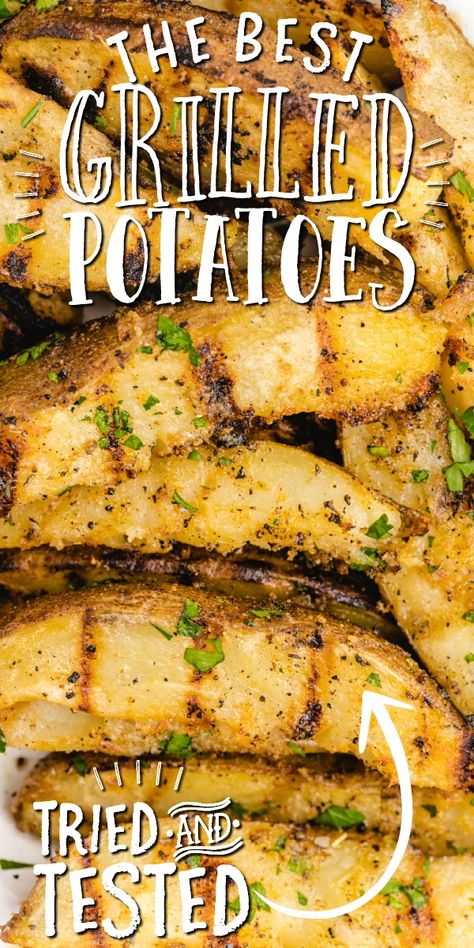 Grilled Potato Slices, Grilled Potato Recipes, Potatoes On The Grill, Grilled Potato Wedges, Summer Barbecue Food, Barbecue Food, Wedges Recipe, Grilling Sides, Grilled Potatoes