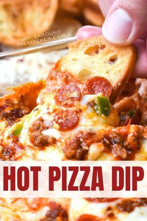 This dip has all the classic flavors of a slice of supreme pizza! Hot Pizza Dip has everything from sausage, pepperoni, pizza sauce and peppers, and is topped with a layer of ooey gooey melty cheese! Scoop it up with a toasted baguette and watch it disappear (quickly)!!  #TailgateRecipe #GameDay #PizzaDip #Pizza #Cheesy Hot Pizza Dip, Dance Around The Kitchen, Pizza Dip Recipes, Pizza Hot, Hot Pizza, Toasted Baguette, Pizza Dip, Supreme Pizza, Ground Italian Sausage