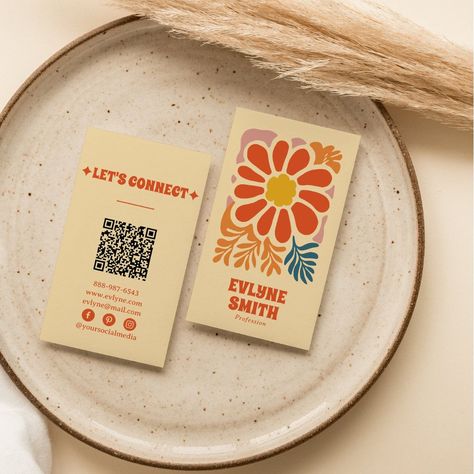 Hand Drawn Retro Colorful QR Code Boho 70s Floral Handmade Business Packaging, Business Card Inspo Design Inspiration, Cute Business Cards Ideas Creative, Names For Craft Business, Retro Logo Ideas, Qr Aesthetic, Visit Card Ideas, Name Card Design Ideas, Business Card Aesthetic