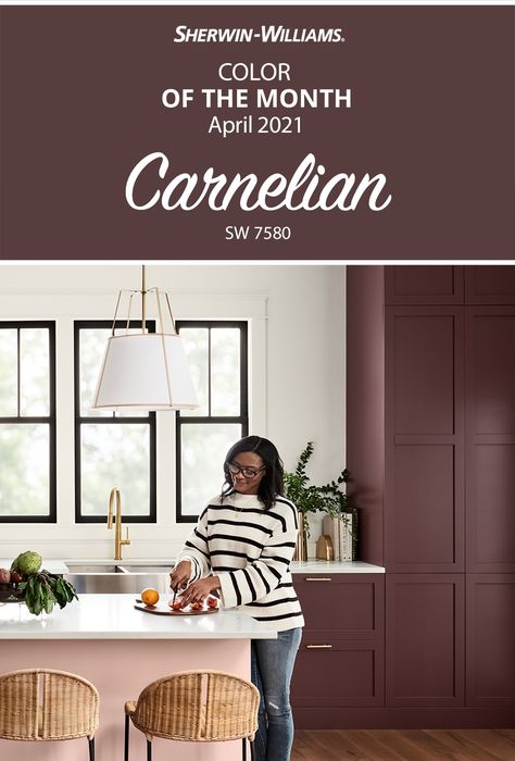 Sw Carnelian Paint, Purple Kitchen Walls Oak Cabinets, Brownish Red Paint Colors, Merlot Kitchen Cabinets, Carnelian Paint Sherwin Williams, Sherwin Williams Fine Wine, Dark Auburn Sw Paint, Rockwood Dark Red Sherwin Williams, Merlot Sherwin Williams