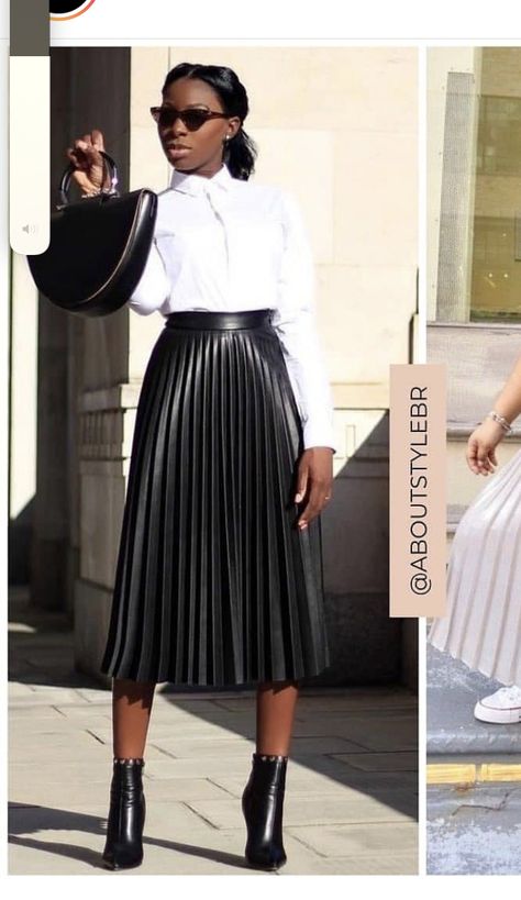 Black Leather Pleated Skirt Outfit, Leather Pleated Skirt Outfit, Pleated Leather Skirt Outfit, Black Leather Pleated Skirt, Pleated Midi Skirt Outfit, Corporate Attire Women, Pleated Skirt Outfit, Skirt Ideas, Leather Skirt Outfit